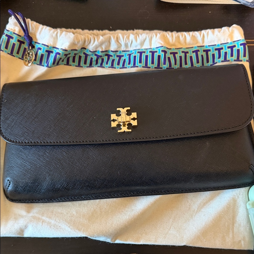 Tory Burch Black Leather Clutch with Gold Logo with Dust Bag